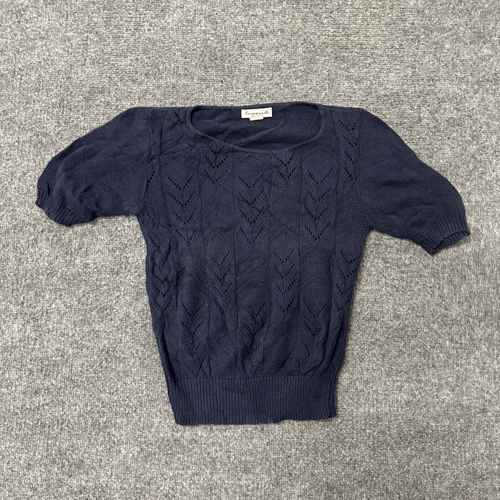 Jason Maxwell Sweater Womens Size M Navy Blue Pointelle Cotton Short Sleeve USA